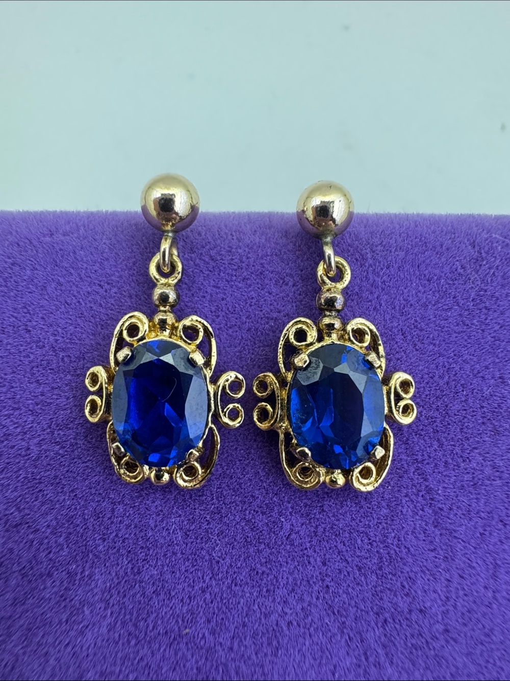 💛 Vintage 14k Gold Filled Sapphire Blue Drop Earrings | Mid Century Heritage